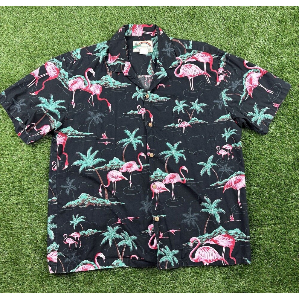 VTG Paradise Found Hawaiian Shirt Flamingo Black Cotton Made in USA Mens Large